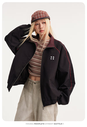 Retro Varsity Plaid Stand Collar Jacket , - Streetwear Jacket - Slick Street