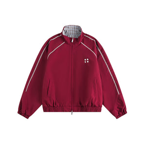 Retro Varsity Plaid Stand Collar Jacket Burgundy, XS - Streetwear Jacket - Slick Street