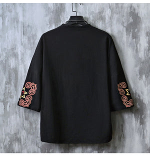 Chinese Embroidered V-Neck Hanfu Tee , - Streetwear T-Shirts - Slick Street