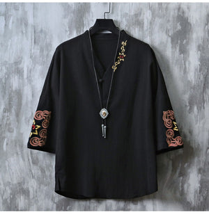 Chinese Embroidered V-Neck Hanfu Tee , - Streetwear T-Shirts - Slick Street