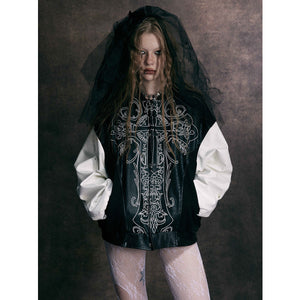 Cross Embroidery Leather Varsity Jacket , - Streetwear - Slick Street