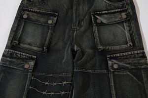 Barbed Baggy Embroidery Cargo Pants , - Streetwear - Slick Street