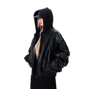 Thick Leather Hooded Jacket , - Streetwear - Slick Street