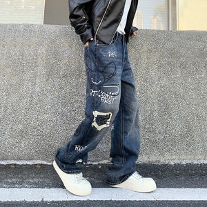 Retro Graffiti Loose Fit Jeans , - Streetwear Jeans - Slick Street