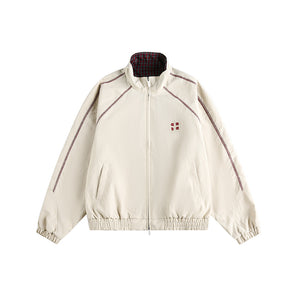 Retro Varsity Plaid Stand Collar Jacket Apricot, XS - Streetwear Jacket - Slick Street
