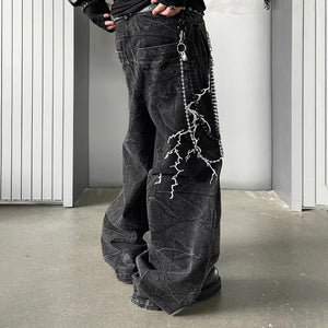 Lightning Embroidery Flared Jeans , - Streetwear Jeans - Slick Street