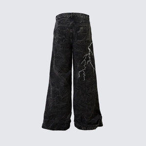 Lightning Embroidery Flared Jeans , - Streetwear Jeans - Slick Street
