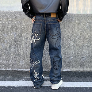 Retro Graffiti Loose Fit Jeans , - Streetwear Jeans - Slick Street