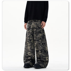 Retro Camo Workwear Wide-Leg Jeans , - Streetwear Jeans - Slick Street