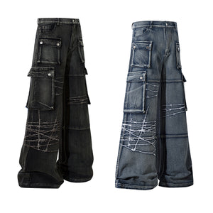 Barbed Baggy Embroidery Cargo Pants , - Streetwear - Slick Street