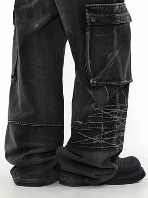 Barbed Baggy Embroidery Cargo Pants , - Streetwear - Slick Street
