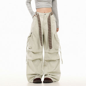 Vintage Washed Cargo Pants with Plaid Belt , - Streetwear Pants - Slick Street