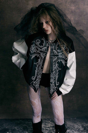 Cross Embroidery Leather Varsity Jacket , - Streetwear - Slick Street