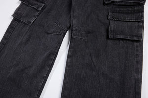Washed Black Vintage Straight Leg Cargo Jeans , - Streetwear - Slick Street