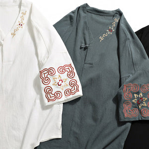 Chinese Embroidered V-Neck Hanfu Tee , - Streetwear T-Shirts - Slick Street