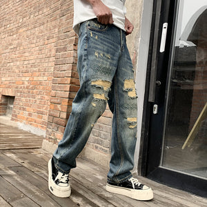Embroidered Washed Ripped Jeans , - Streetwear Jeans - Slick Street