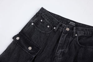 Washed Black Vintage Straight Leg Cargo Jeans , - Streetwear - Slick Street