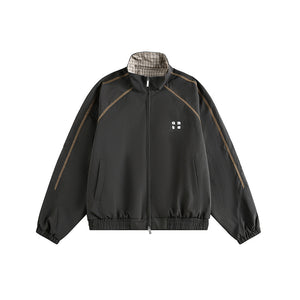 Retro Varsity Plaid Stand Collar Jacket Dark Grey, XS - Streetwear Jacket - Slick Street