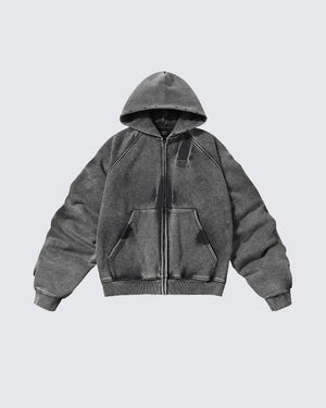Distressed Washed Zip Hoodie Grey, XS - Streetwear Hoodie - Slick Street