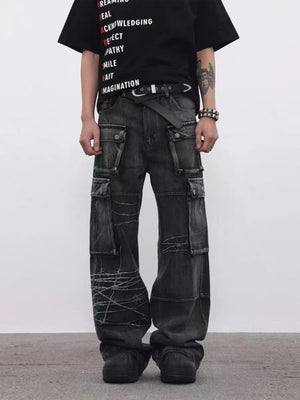 Barbed Baggy Embroidery Cargo Pants , - Streetwear - Slick Street