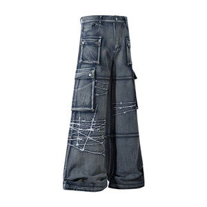 Barbed Baggy Embroidery Cargo Pants Blue, XS - Streetwear - Slick Street
