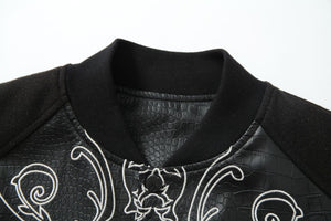Cross Embroidery Leather Varsity Jacket , - Streetwear - Slick Street