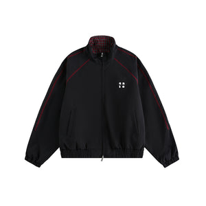 Retro Varsity Plaid Stand Collar Jacket Black, XS - Streetwear Jacket - Slick Street