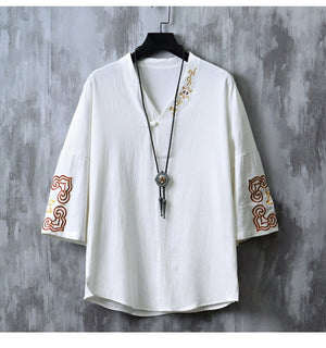 Chinese Embroidered V-Neck Hanfu Tee , - Streetwear T-Shirts - Slick Street