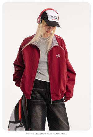 Retro Varsity Plaid Stand Collar Jacket , - Streetwear Jacket - Slick Street