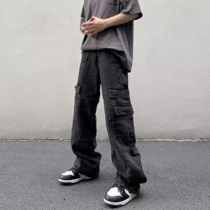 Vintage Washed Cargo Relaxed Fit Jeans , - Streetwear Jeans - Slick Street