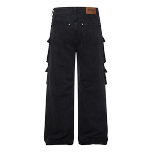Washed Black Vintage Straight Leg Cargo Jeans , - Streetwear - Slick Street