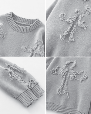 Ripped Y2K Two Shaded Cross Fringed Sweater , - Streetwear Sweater - Slick Street