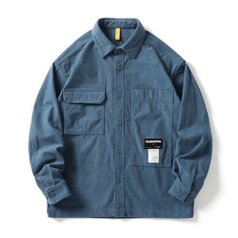 Corduroy Waffle Plaid Semi Collar Overshirt Blue, XS - Streetwear Tops - Slick Street