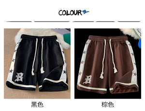 B Letter Drawstring Stars Patchwork Shorts , - Streetwear Shorts - Slick Street