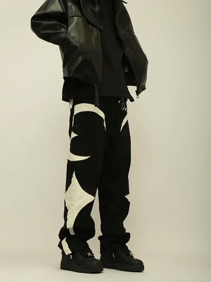 Crescent Embroidery Patchwork Baggy Pants , - Streetwear Pants - Slick Street