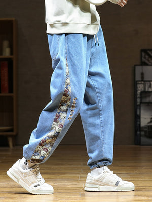Designer Bear Patchwork Denim Pants , - Streetwear Pants - Slick Street