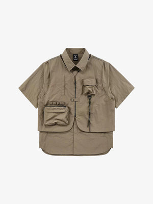 Multi Vest Pockets Two Pieces T-Shirt Khaki, M - Streetwear T-Shirts - Slick Street