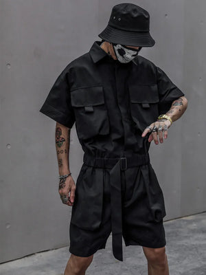 One Piece Tie Waist Belt Jumpsuit , - Streetwear Jumpsuit - Slick Street