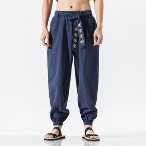 Japanese Embroidered Ribbon Tie Style Pants XS, Navy - Streetwear Pants - Slick Street