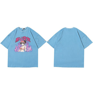 Japanese Anime Fire Girl T-Shirt Blue, M - Streetwear T-Shirts - Slick Street