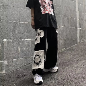 AM Black Hole Patchwork Straight Leg Pants XS, Black - Streetwear Pants - Slick Street