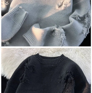 Ripped Y2K Two Shaded Cross Fringed Sweater , - Streetwear Sweater - Slick Street