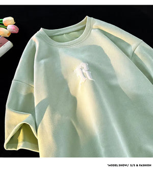 Letter R Foaming Embroidery Loose T-Shirt , - Streetwear T-Shirts - Slick Street