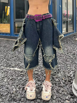 Blue Denim Tassel Star Shorts , - Streetwear Shorts - Slick Street