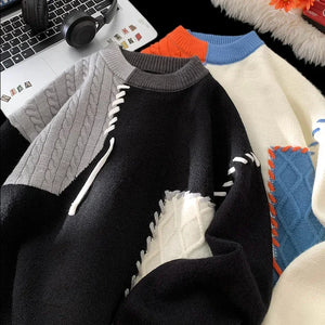 Lace Up Style Round Neck Knitted Sweater , - Streetwear Sweater - Slick Street