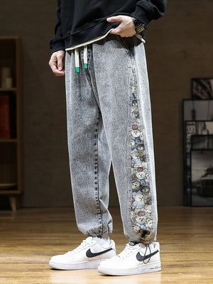 Designer Bear Patchwork Denim Pants , - Streetwear Pants - Slick Street