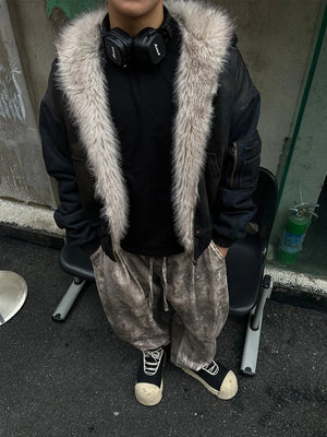 Coal Black Washed Fur Hooded Jacket , - Streetwear Jacket - Slick Street