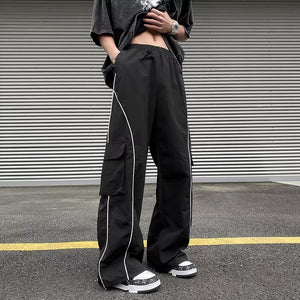StripeLine- Baggy Black Cargo Pants , - Streetwear Cargo Pants - Slick Street