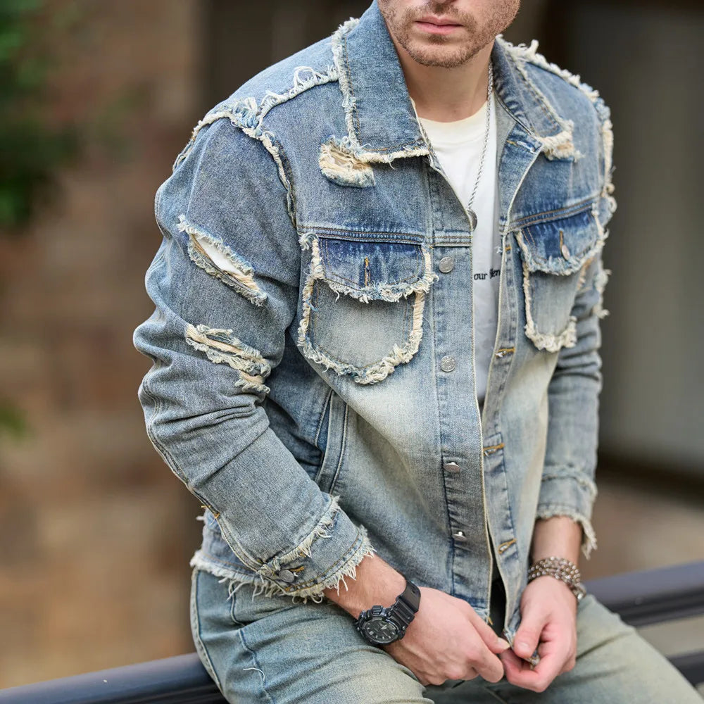 Denim Ripped Button Up Jacket , - Streetwear Jacket - Slick Street