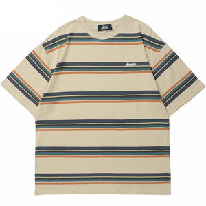 Varied Color Striped Pullover T-Shirt Khaki, S - Streetwear T-Shirts - Slick Street